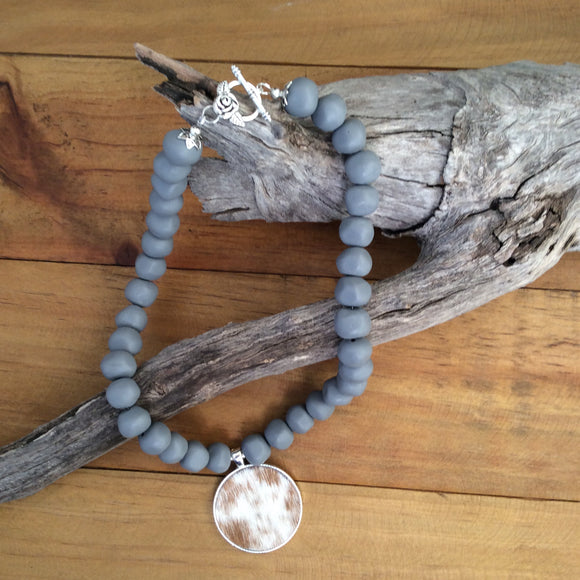 Grey Beads And Hide Necklace